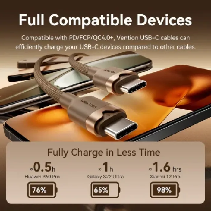 Дата кабель USB-C to USB-C 1.0m 3A aluminum gold Vention (TRDJF)