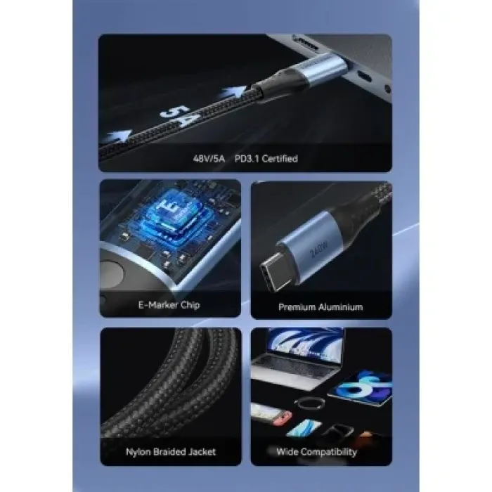 Дата кабель USB-C to USB-C 1.5m 240W aluminum black Vention (TREBG)