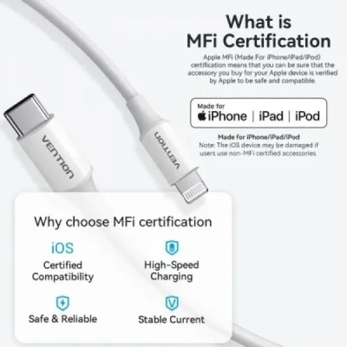 Дата кабель USB-C to Lightning 1.0m 3A white Vention (LAJWF)
