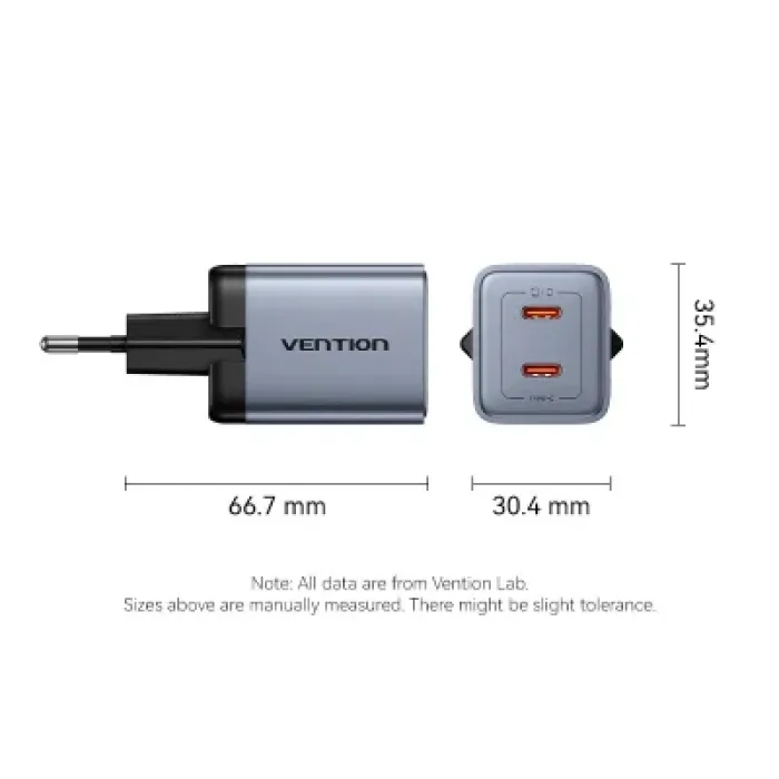 Зарядний пристрій Vention 2xUSB-C PD45W GaN transparent gray (FCFH0-EU)