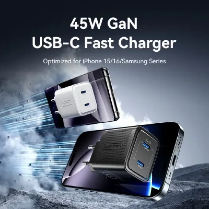Зарядний пристрій Vention 2xUSB-C PD45W GaN transparent white (FCFW0-EU)