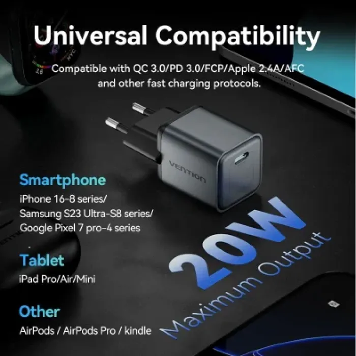 Зарядний пристрій Vention USB-C PD20W GaN gray (FEVH0-EU)