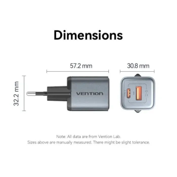 Зарядний пристрій Vention 1xUSB-C PD30W + 1xUSB QC3.0 18W GaN gray (FEWH0-EU)