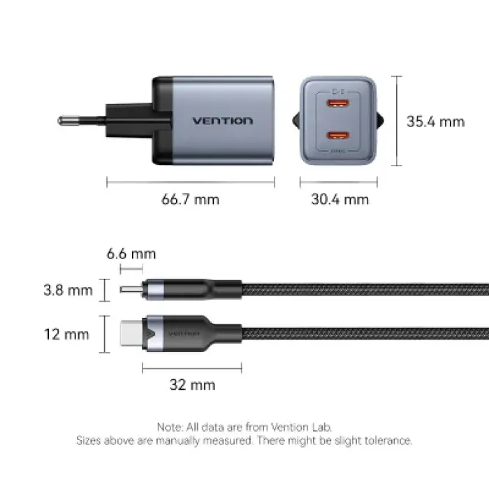 Зарядний пристрій Vention 2xUSB-C PD45W GaN + cable USB-C to USB-C 1.0m black gray (TZ-FCDH0-EU)