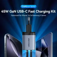 Зарядний пристрій Vention 2xUSB-C PD45W GaN + cable USB-C to USB-C 1.0m black gray (TZ-FCDH0-EU)