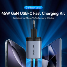 Зарядний пристрій Vention 2xUSB-C PD45W GaN + cable USB-C to USB-C 1.0m 5A gray (TZ-FCFH0-EU)