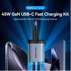 Зарядний пристрій Vention 2xUSB-C PD45W GaN + cable USB-C to USB-C 1.0m 5A gray (TZ-FCFH0-EU)