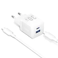 Зарядний пристрій Vention 1xUSB-C PD30W + 1xUSB QC3.0 30W GaN + cable USB-C to USB-C 1.0m white (TZ-FEQW0-EU-01)