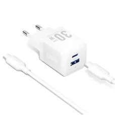 Зарядний пристрій Vention 1xUSB-C PD30W + 1xUSB QC3.0 30W GaN + cable USB-C to USB-C 1.0m white (TZ-FEQW0-EU-01)