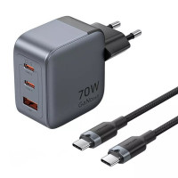 Зарядное устройство Vention 2xUSB-C PD70W + 1xUSB QC3.0 22.5W GaN + cable USB-C to USB-C 1.0m black gray (TZ-FEXH0-EU)