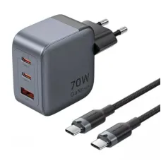 Зарядний пристрій Vention 2xUSB-C PD70W + 1xUSB QC3.0 22.5W GaN + cable USB-C to USB-C 1.0m black gray (TZ-FEXH0-EU)