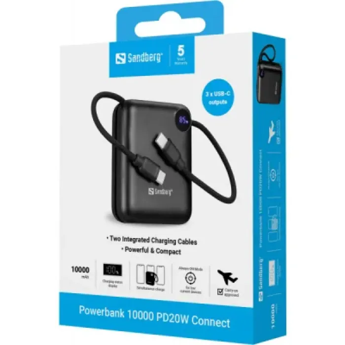 Батарея універсальна Sandberg 10000mAh PD/3.1/20W, QC/3.0, USB-C In/Out, with 2 cables USB-C (421-26)