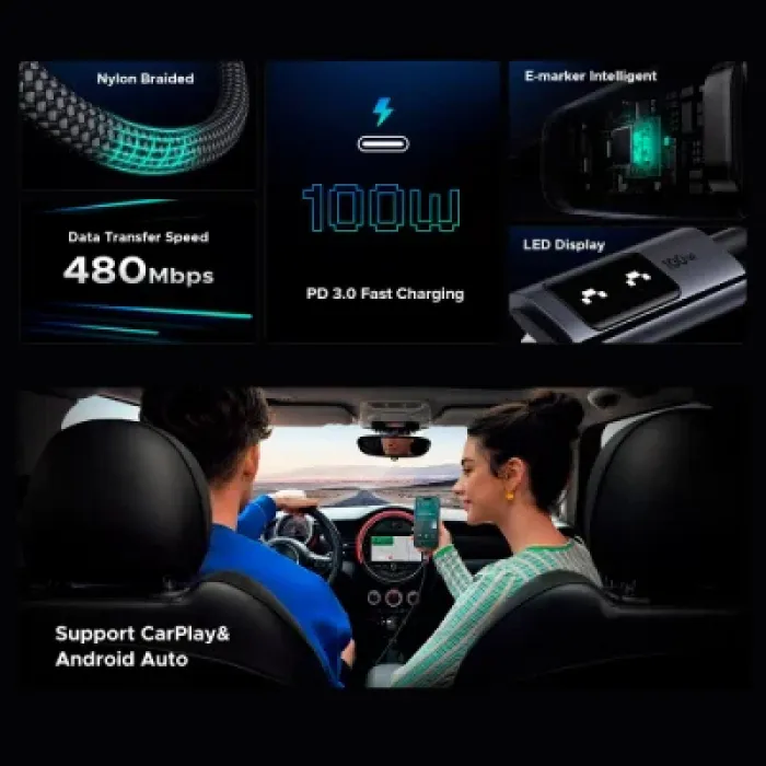 Дата кабель USB-C to USB-C 1.0m PD 100W display L509 black Ugreen (35501)