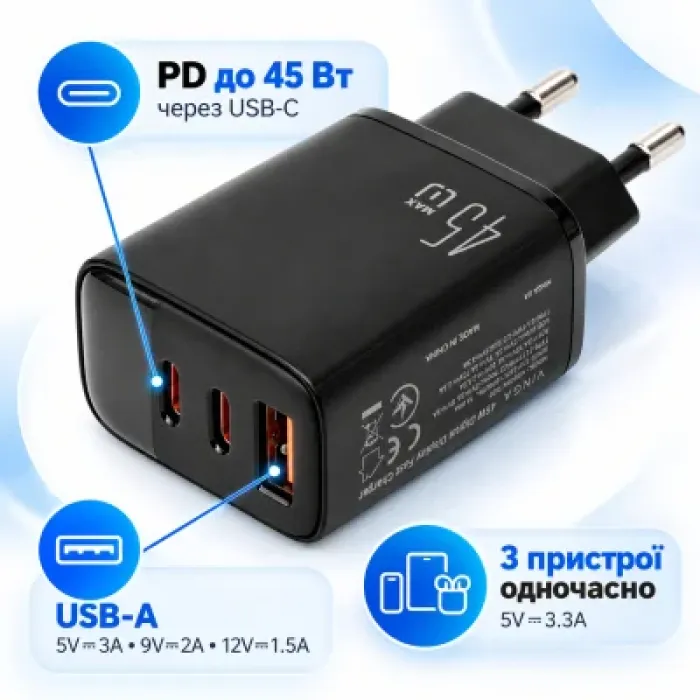 Зарядний пристрій Vinga 2xUSB-C + USB-A Display 45W (VCR45ACCDB)