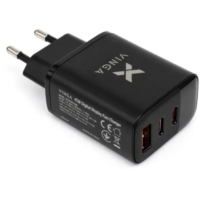 Зарядний пристрій Vinga 2xUSB-C + USB-A Display 45W (VCR45ACCDB)