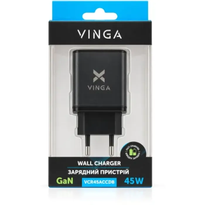 Зарядний пристрій Vinga 2xUSB-C + USB-A Display 45W (VCR45ACCDB)