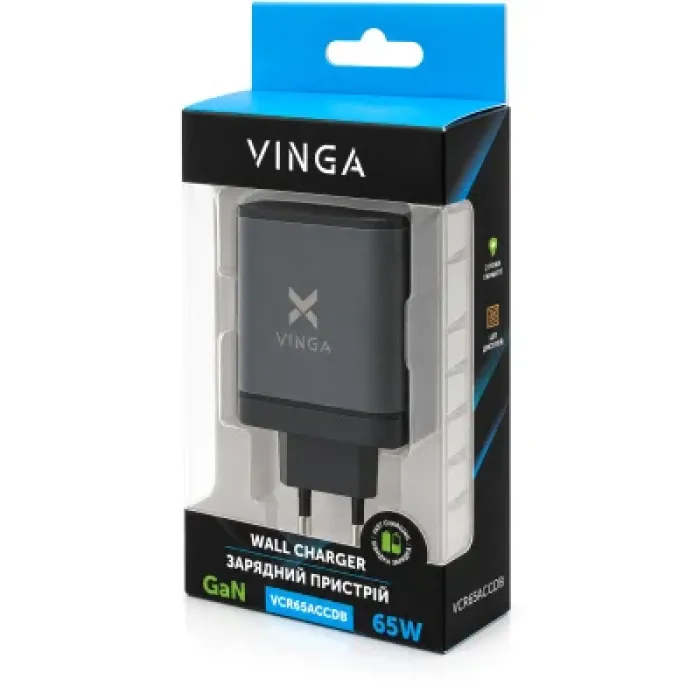 Зарядний пристрій Vinga 2xUSB-C + USB-A Display 65W (VCR65ACCDB)