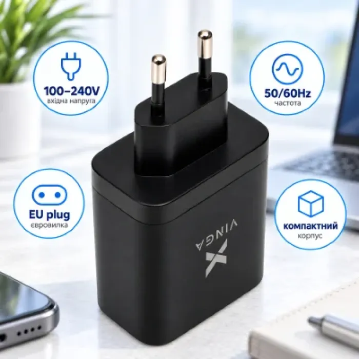 Зарядний пристрій Vinga 2xUSB-C + USB-A Display 65W (VCR65ACCDB)