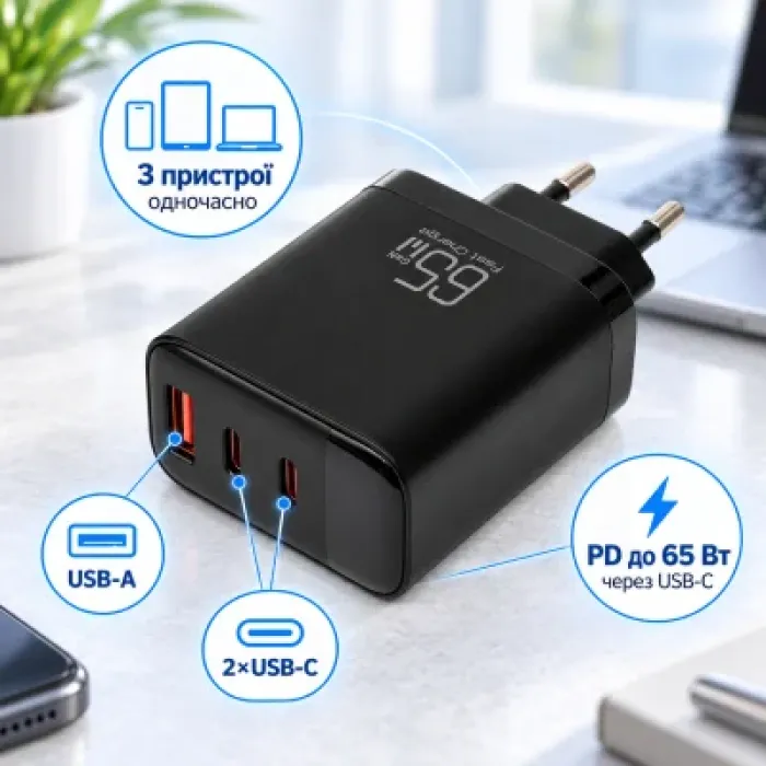 Зарядний пристрій Vinga 2xUSB-C + USB-A Display 65W (VCR65ACCDB)