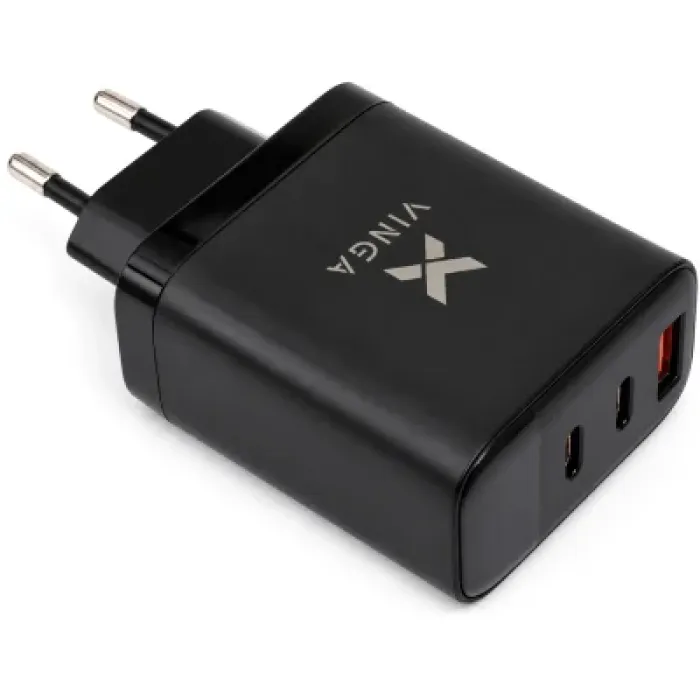 Зарядний пристрій Vinga 2xUSB-C + USB-A Display 65W (VCR65ACCDB)