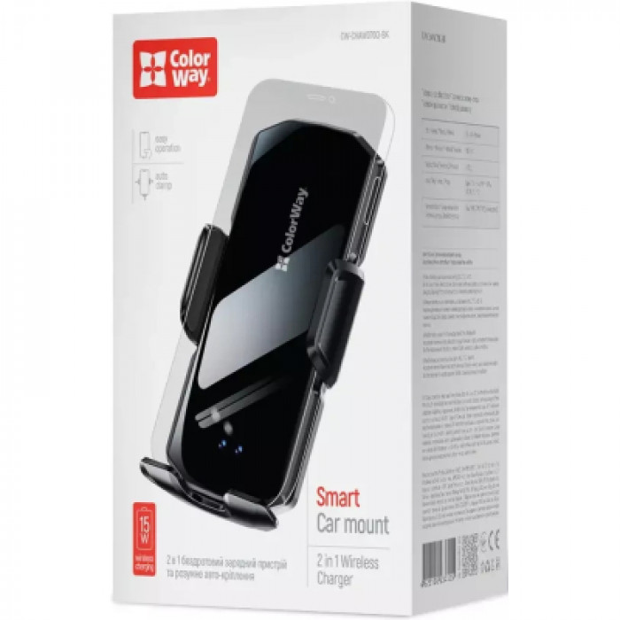 Універсальний автотримач ColorWay FlameGrip, автозажим, Wireless Charger 15W Black (CW-CHAW070Q-BK)