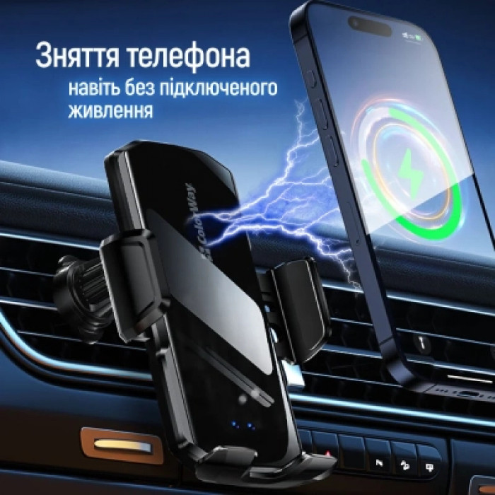 Універсальний автотримач ColorWay FlameGrip, автозажим, Wireless Charger 15W Black (CW-CHAW070Q-BK)