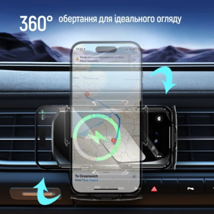 Універсальний автотримач ColorWay FlameGrip, автозажим, Wireless Charger 15W Black (CW-CHAW070Q-BK)
