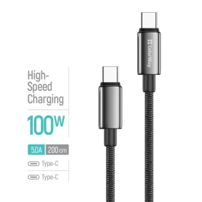 Дата кабель USB-C to USB-C 2.0m 5A 100W zinc alloy braided black ColorWay (CW-CBPDCC099-BK)