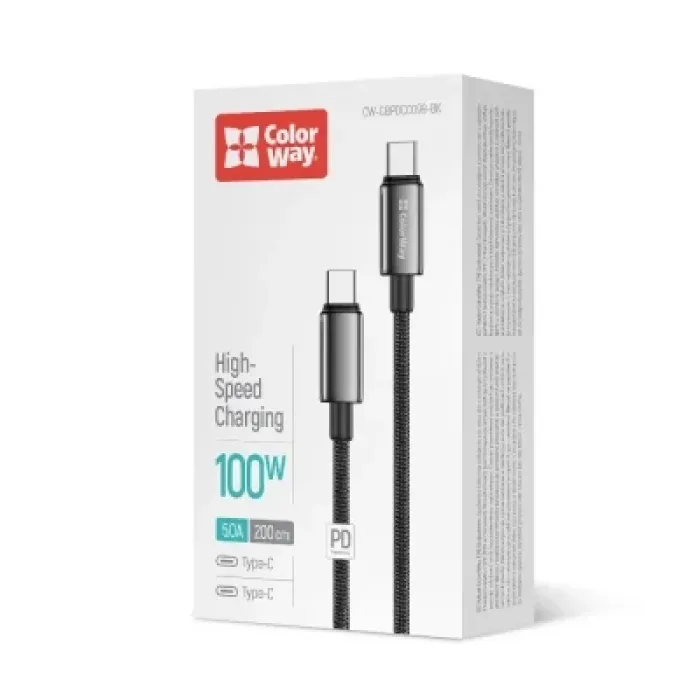 Дата кабель USB-C to USB-C 2.0m 5A 100W zinc alloy braided black ColorWay (CW-CBPDCC099-BK)