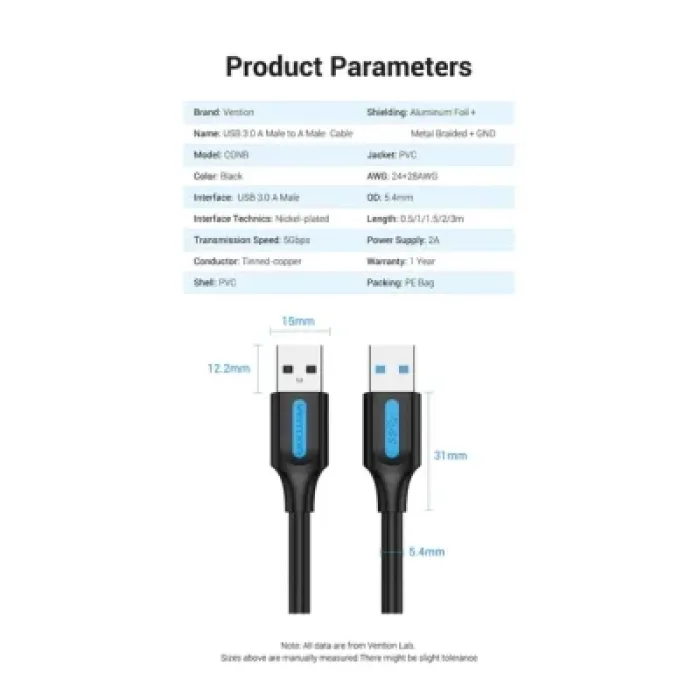 Дата кабель USB 3.0 AM/AM 1.5m PVC black Vention (CONBG)