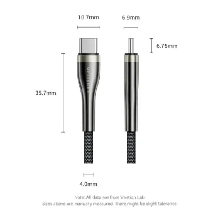 Дата кабель USB-C to USB-C 1.2m 5A nylon braided black Vention (CTYBAV)