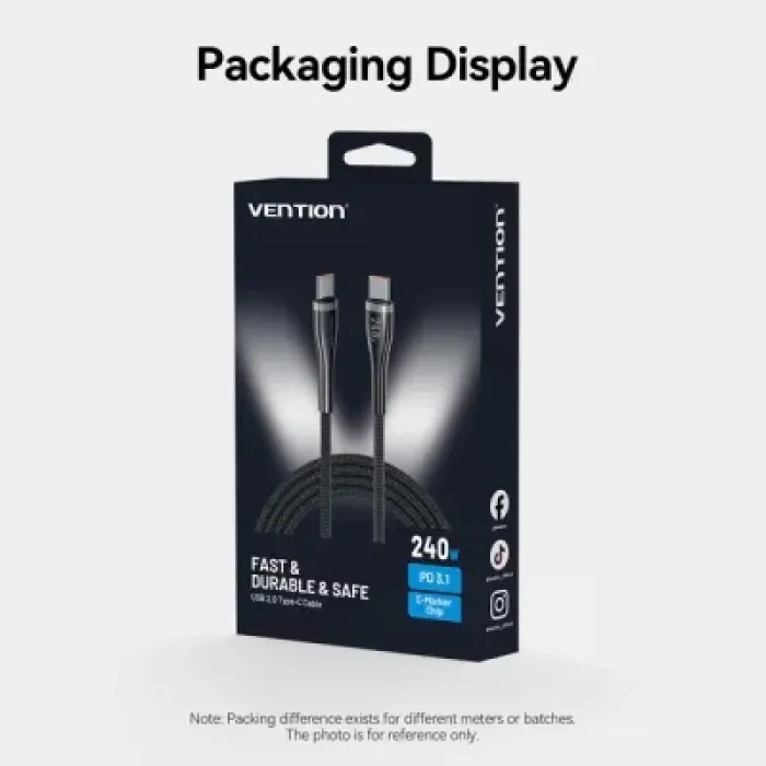 Дата кабель USB-C to USB-C 1.2m 5A nylon braided black Vention (CTYBAV)