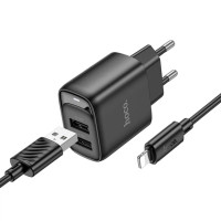 Зарядное устройство HOCO C141A 2xUSB + cable USB to Lightning black (6942007627863)