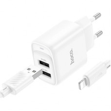 Зарядний пристрій HOCO C141A 2xUSB + cable USB to Lightning white (6942007627870)
