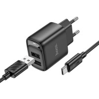 Зарядное устройство HOCO C141A 2xUSB + cable USB to USB-C black (6942007627900)