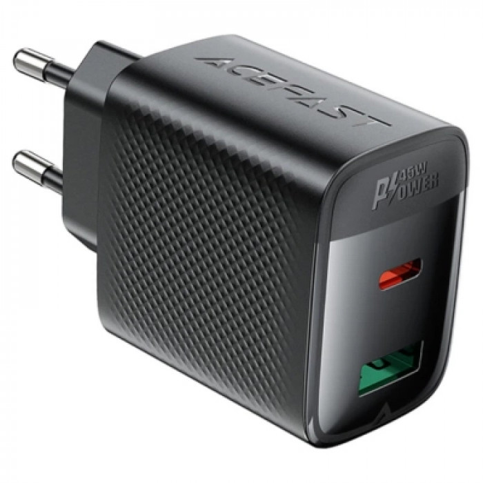 Зарядний пристрій Acefast A106 1xUSB-C PD45W + 1xUSB QC3.0 GaN black (6974316284031)