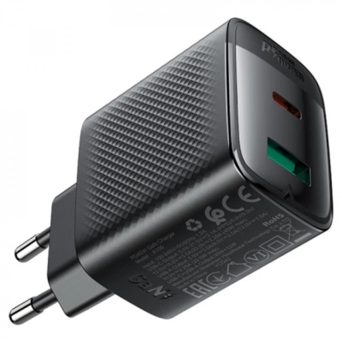 Зарядний пристрій Acefast A106 1xUSB-C PD45W + 1xUSB QC3.0 GaN black (6974316284031)