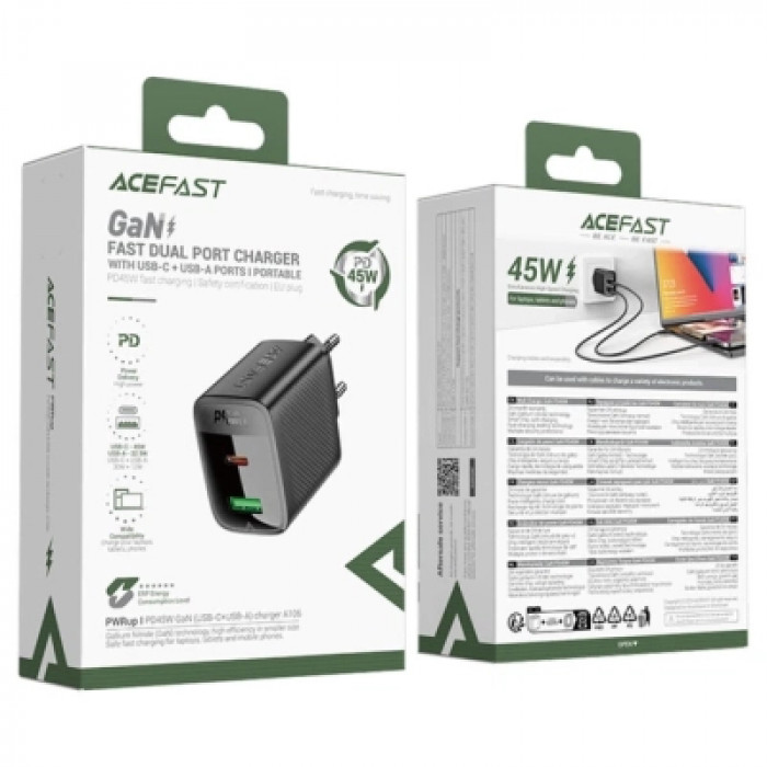 Зарядний пристрій Acefast A106 1xUSB-C PD45W + 1xUSB QC3.0 GaN black (6974316284031)