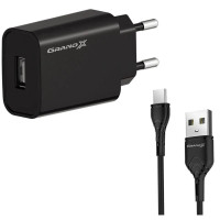 Зарядний пристрій Grand-X Quick Charge QС3.0 22.5W + cable USB to USB-C 1.0m black (CH-550TC)