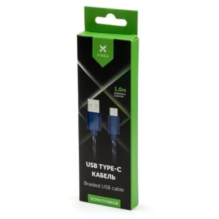 Дата кабель USB 2.0 AM to USB-C 1.0m 2color nylon blue Vinga (VCPDCTCNB31B)
