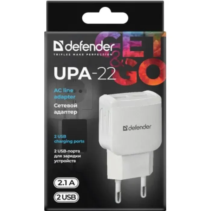 Зарядний пристрій Defender UPA-22 white, 2xUSB, 2.1A (83580)