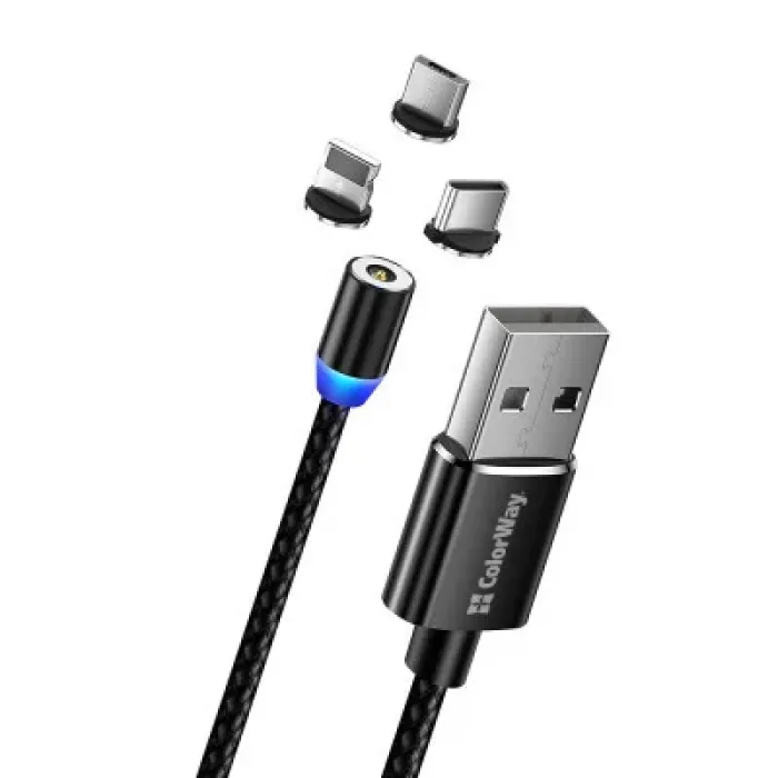 Дата кабель USB 2.0 AM to Lightning + Micro 5P + USB-C 1.0m Magnet only charge ColorWay (CW-CBUU020-BK)