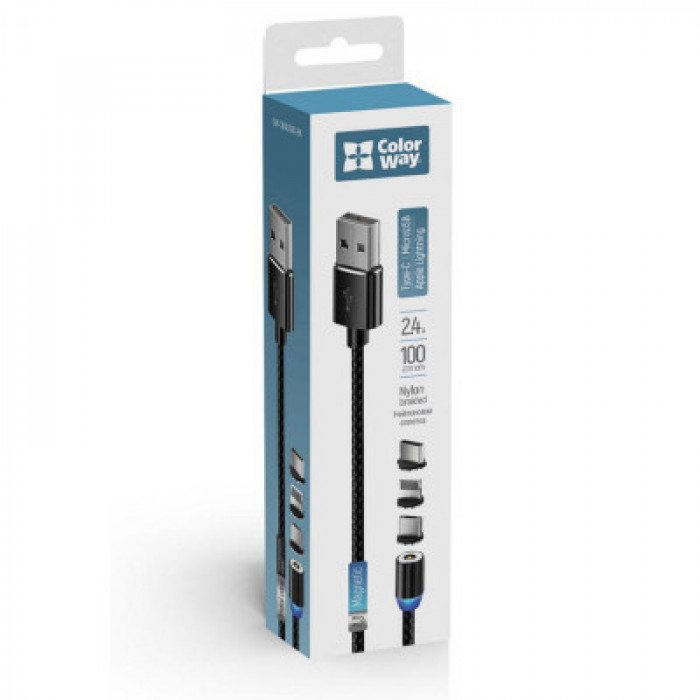 Дата кабель USB 2.0 AM to Lightning + Micro 5P + USB-C 1.0m Magnet only charge ColorWay (CW-CBUU020-BK)