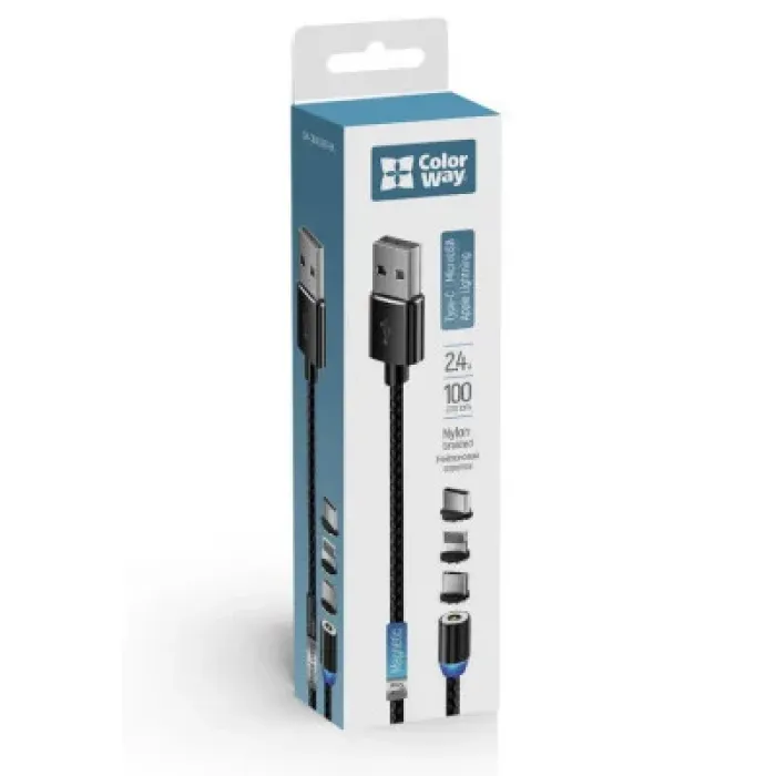 Дата кабель USB 2.0 AM to Lightning + Micro 5P + USB-C 1.0m Magnet only charge ColorWay (CW-CBUU020-BK)