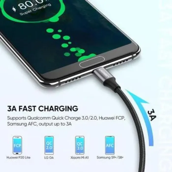 Дата кабель USB 2.0 AM to USB-C 1.0m US288 Aluminum Braid Black Ugreen (60126)