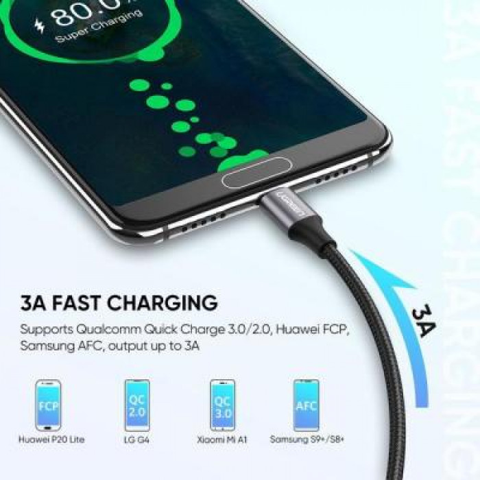 Дата кабель USB 2.0 AM to USB-C 2.0m US288 Aluminum Braid Black Ugreen (60128)