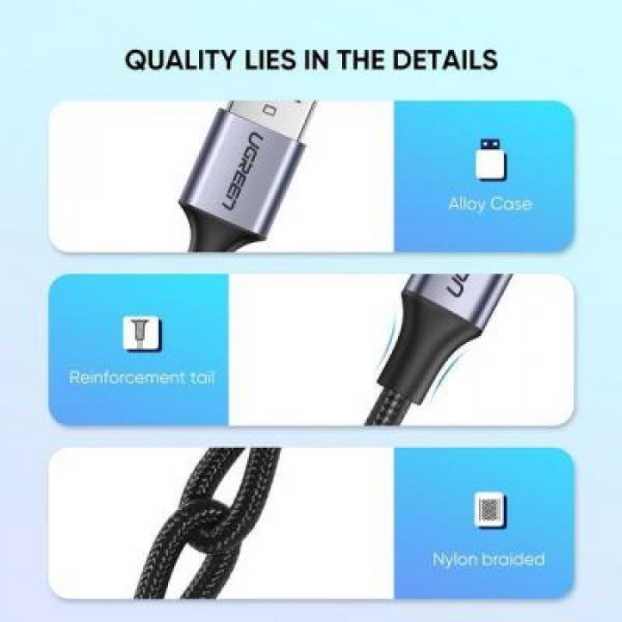 Дата кабель USB 2.0 AM to USB-C 2.0m US288 Aluminum Braid Black Ugreen (60128)