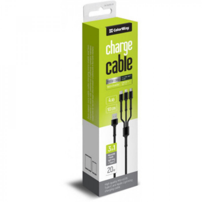Дата кабель USB 2.0 AM to Lightning + Micro 5P + USB-C 4.0A (20W) ColorWay (CW-CBU3003-GR)