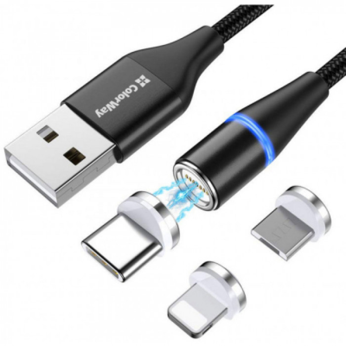 Дата кабель USB 2.0 AM to Lightning + Micro 5P + USB-C 1.0m Magnetic ColorWay (CW-CBUU038-BK)