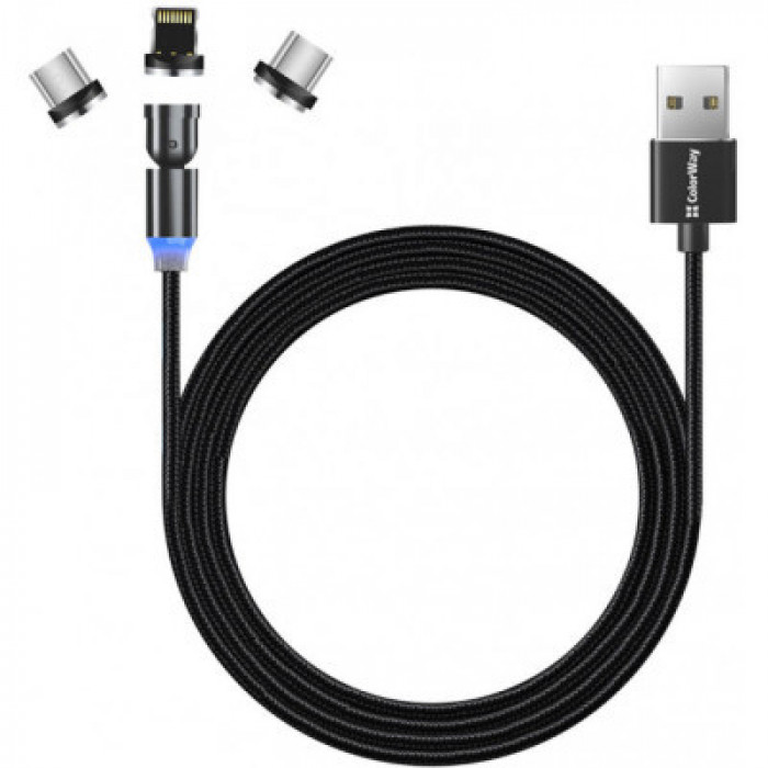 Дата кабель USB 2.0 AM to Lightning + Micro 5P + USB-C 1.0m Magnetic Ro ColorWay (CW-CBUU037-BK)